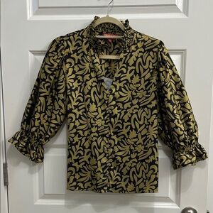 Black and Mustard Floral Print Ruffle Collar Blouse
